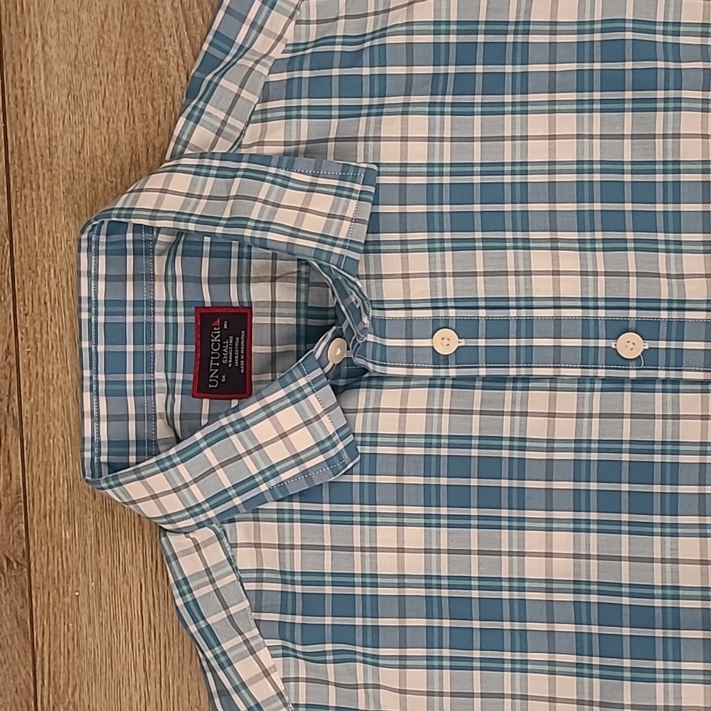 UNTUCKIT Wrinkle Free Cotton Blue White Plaid Small Long Sleeve Casual‎ Shirt - Picture 5 of 7